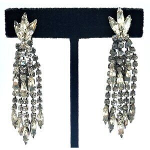 Vintage Weiss Rhinestone Earrings Long Dangle Layered Clip-On Earrings Signed Je